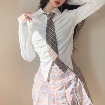Spring new simple solid color inelastic single-breasted pleated irregular stylish shirt(with tie)