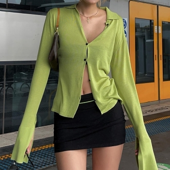 Spring new stylish 3 colors solid single-breasted flare sleeve casual top