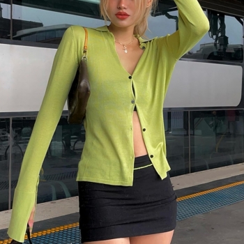 Spring new stylish 3 colors solid single-breasted flare sleeve casual top