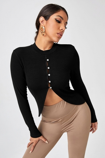 Spring new stylish solid color stretch hollow single-breasted long sleeves irregular sexy crop top