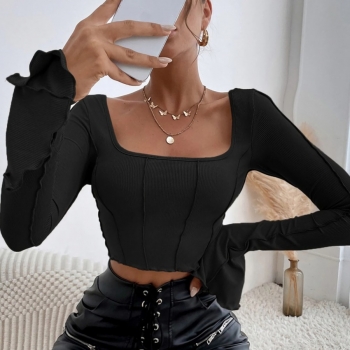 Spring new stylish solid color stretch square neckline flare sleeve frill crimped lace-up slim sexy crop top