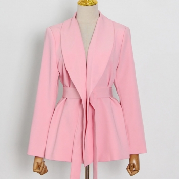 Spring new style solid color inelastic long sleeves high quality fashion blazer with belt(only top)