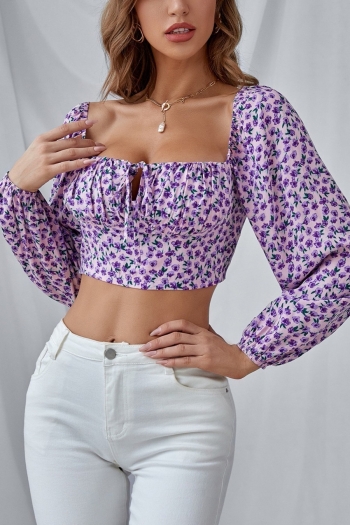 spring new stylish 3 colors inelastic floral batch printing square neckline hollow lace-up sexy crop top