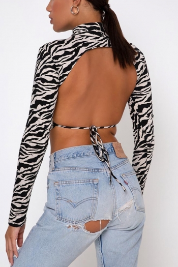 spring new stylish 3 colors stretch zebra batch printing long sleeves backless lace-up sexy crop top