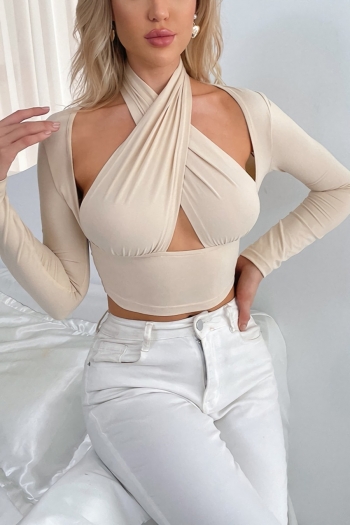 spring new stylish stretch solid color hollow long sleeves halter-neck slim sexy crop top