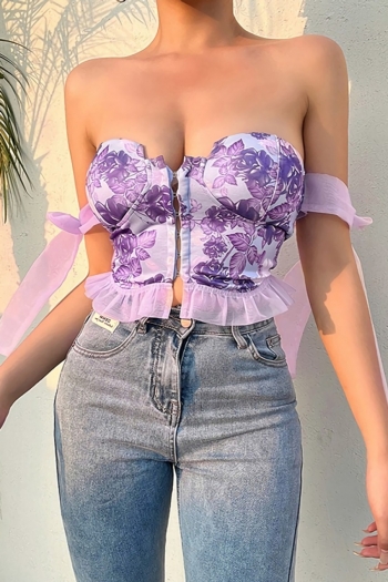 summer new stylish padded flower and leaf printing lock button ruffle slim sexy lace-up off-the shoulder top