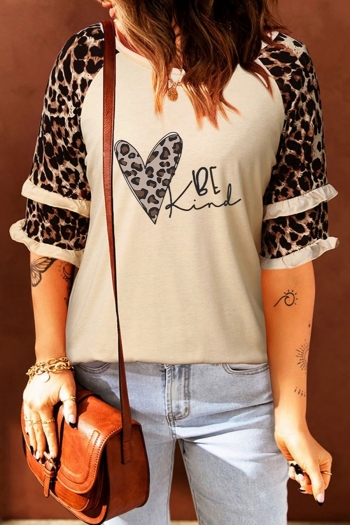 s-2xl plus size summer new stylish stretch leopard & heart-shape printing  elbow sleeves casual top
