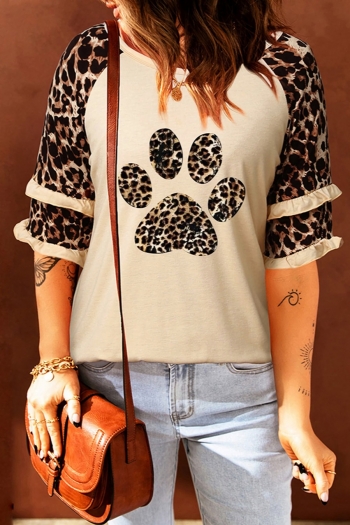 s-2xl plus size summer new stylish stretch footprint leopard printing elbow sleeves casual top