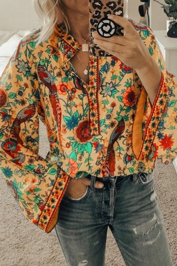 s-5xl plus size spring new stylish 7 colors inelastic flower & leaf batch printing long sleeves single-breasted loose casual top