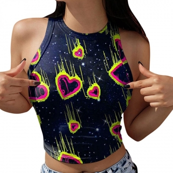 s-2xl summer new plus size heart batch printing stretch stylish cropped vest 1#