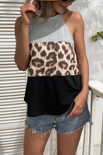 summer new 3 colors stretch leopard printing contrast color patchwork sleeveless stylish vest