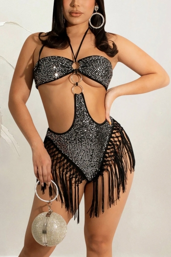 s-2xl summer new plus size sequin decor mesh stretch halter-neck tassel metallic-ring connected hollow sexy playsuit