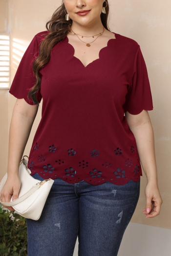 summer new l-4xl plus size solid 3 colors hollow short sleeve wavy v-neck micro-elastic casual top