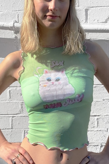 summer new stylish cartoon cat printing stringy selvedge sleeveless stylish top