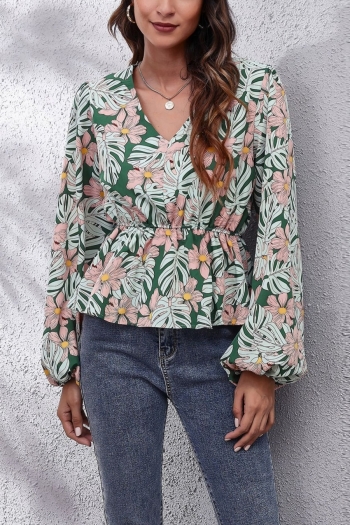 spring leaf & flower batch printing inelastic chiffon v-neck lantern-sleeve vacastion style casual top