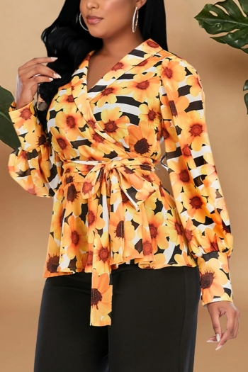 s-4xl spring plus size flower & stripe batch printing micro-elastic v-neck long-sleeve stylish high quality top with belt