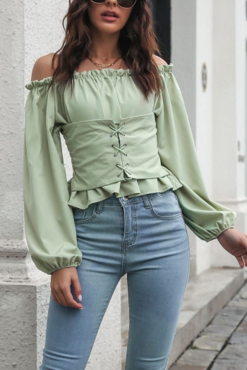 spring 4 colors solid color inelastic chiffon off the shoulder lantern-sleeve smocked stylish top