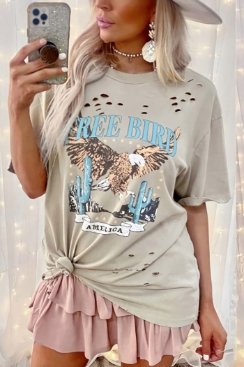 s-2xl plus size summer new stylish stretch letter & eagle printing crew neck short sleeves hollow casual t-shirt