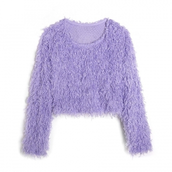 spring new stylish solid color micro elastic feather long sleeves crew neck casual top