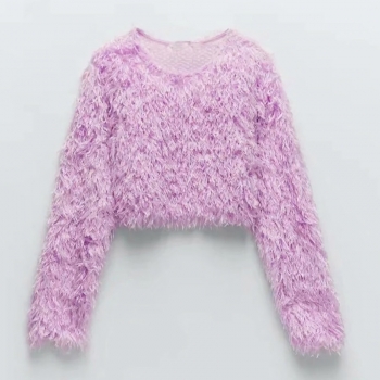 spring new stylish micro elastic solid color feather crew neck long sleeves casual top