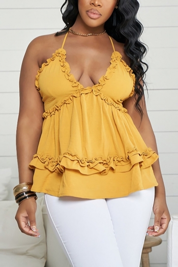 s-2xl summer new plus size 4 colors solid color stretch backless adjustable straps ruffle zip-up sexy all-match tank top (only top)