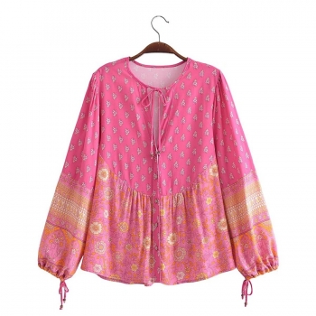 spring new stylish inelastic floral printing long sleeves single-breasted loose casual top