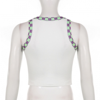 Summer new stretch letter & plaid printing sleeveless crew neck stylish crop vest