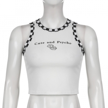 Summer new stretch letter & plaid printing sleeveless crew neck stylish crop vest
