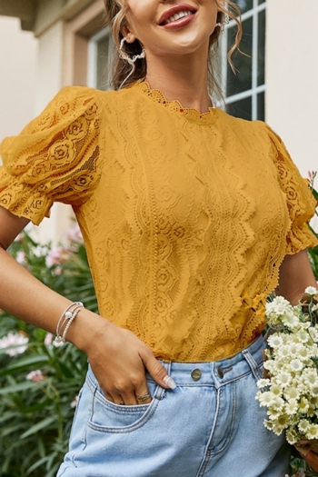 Summer new 3 colors solid color inelastic see through lace short sleeves hollow button stylish top 