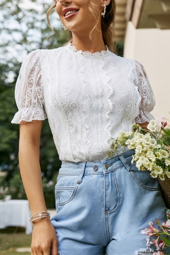 Summer new 3 colors solid color inelastic see through lace short sleeves hollow button stylish top 