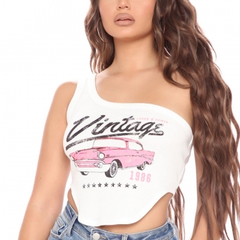 Summer new stylish letter cartoon printing one shoulder sling stretch slim sexy crop top