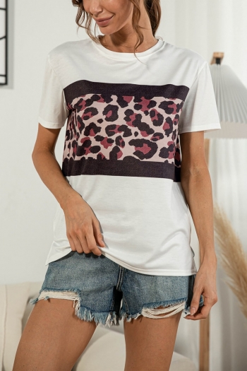 S-2XL plus size Summer new  4 colors leopard printing patchwork micro-elastic crew neck slit stylish casual t-shirt