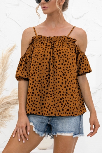 summer new polka dot batch printing stretch off shoulder frill trim strappy blouse