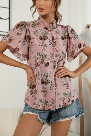 Summer new plus size floral batch printing micro-elastic ruffle buttton stylish retro blouse