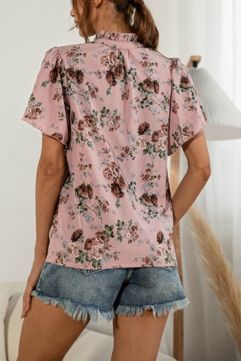 Summer new plus size floral batch printing micro-elastic ruffle buttton stylish retro blouse