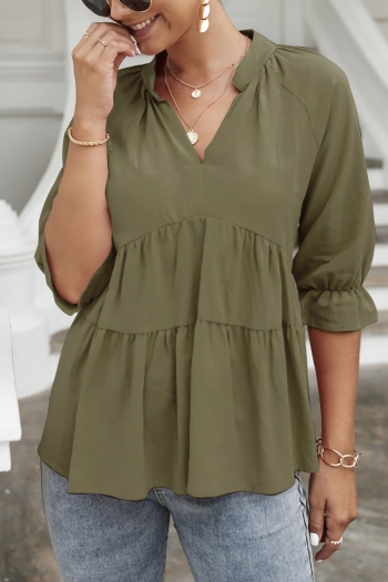 Summer new 3 colors solid color micro-elastic v neck ruffle shirring stylish casual blouse
