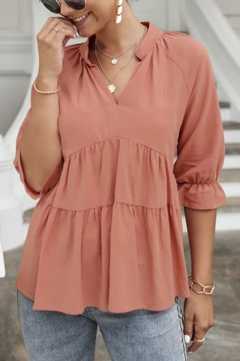 Summer new 3 colors solid color micro-elastic v neck ruffle shirring stylish casual blouse