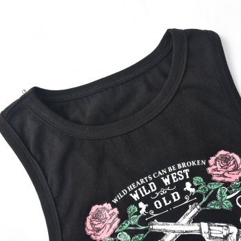 Summer new stylish stretch letter & flower printing cutout sleeveless slim sexy crop vest