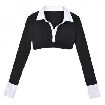 Spring new stylish stretch contrast color patchwork single-breasted long sleeves irregular sexy crop top
