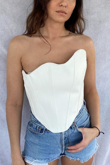 Summer new stylish solid color inelastic pu sleeveless with boned zip-up sexy tube top
