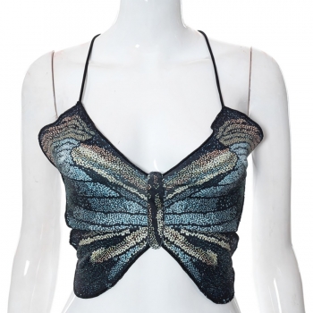 Summer new stylish multicolor sequin lace-up butterfly pattern backless sexy crop top