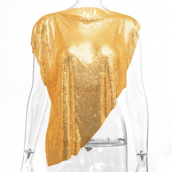 Summer new 4 colors solid color inelastic metallic sequin decor backless irregular sexy nightclub shiny high quality top