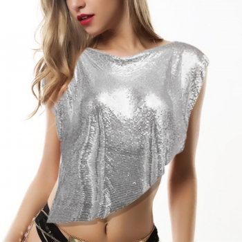 Summer new 4 colors solid color inelastic metallic sequin decor backless irregular sexy nightclub shiny high quality top