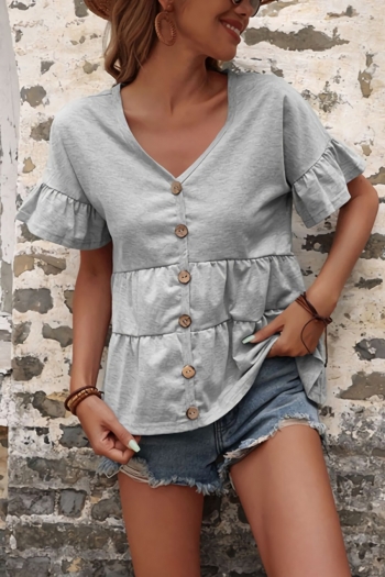 summer new stylish solid color micro elastic single-breasted ruffle short sleeves loose casual top