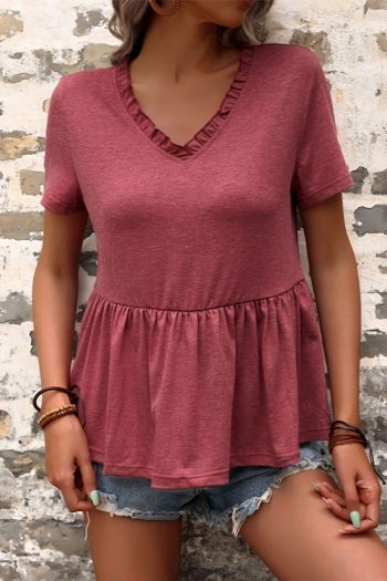 summer new stylish solid color micro elastic v-neck short sleeves single-breasted loose casual top