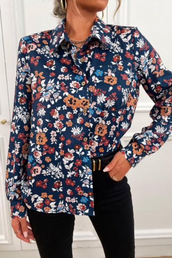spring & summer new floral batch printing micro-elastic turndown collar single breasted pocket stylish retro blouse
