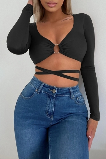 spring new stylish 3 colors solid color stretch metal-ring connected hollow lace-up v-neck slim sexy crop top