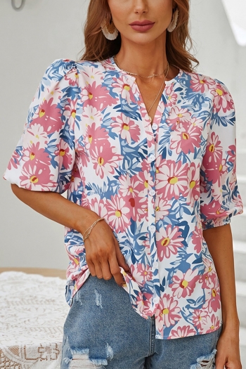 summer new stylish floral batch printing v-neck button short sleeve casual top