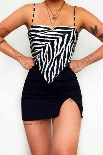 summer new stylish inelastic zebra printing sling lace-up backless irregular sexy tank top