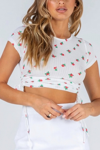 summer new stretch flower printing drawstring crew neck short sleeves cotton stylish top
